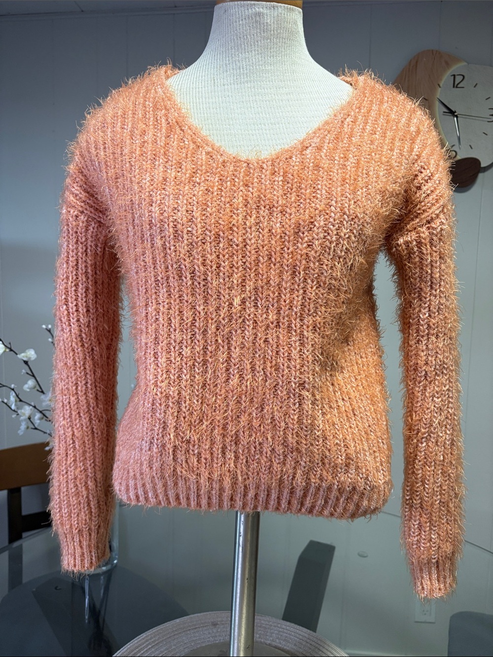 Pink Rose Peach Fuzzy V-Neck Sweater